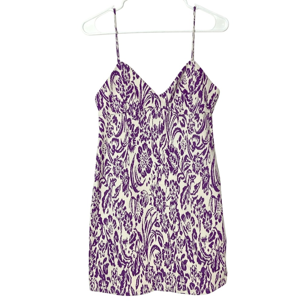Zara Purple Floral Jacquard Mini Dress Medium Pullover V-Neck Spaghetti Strap
